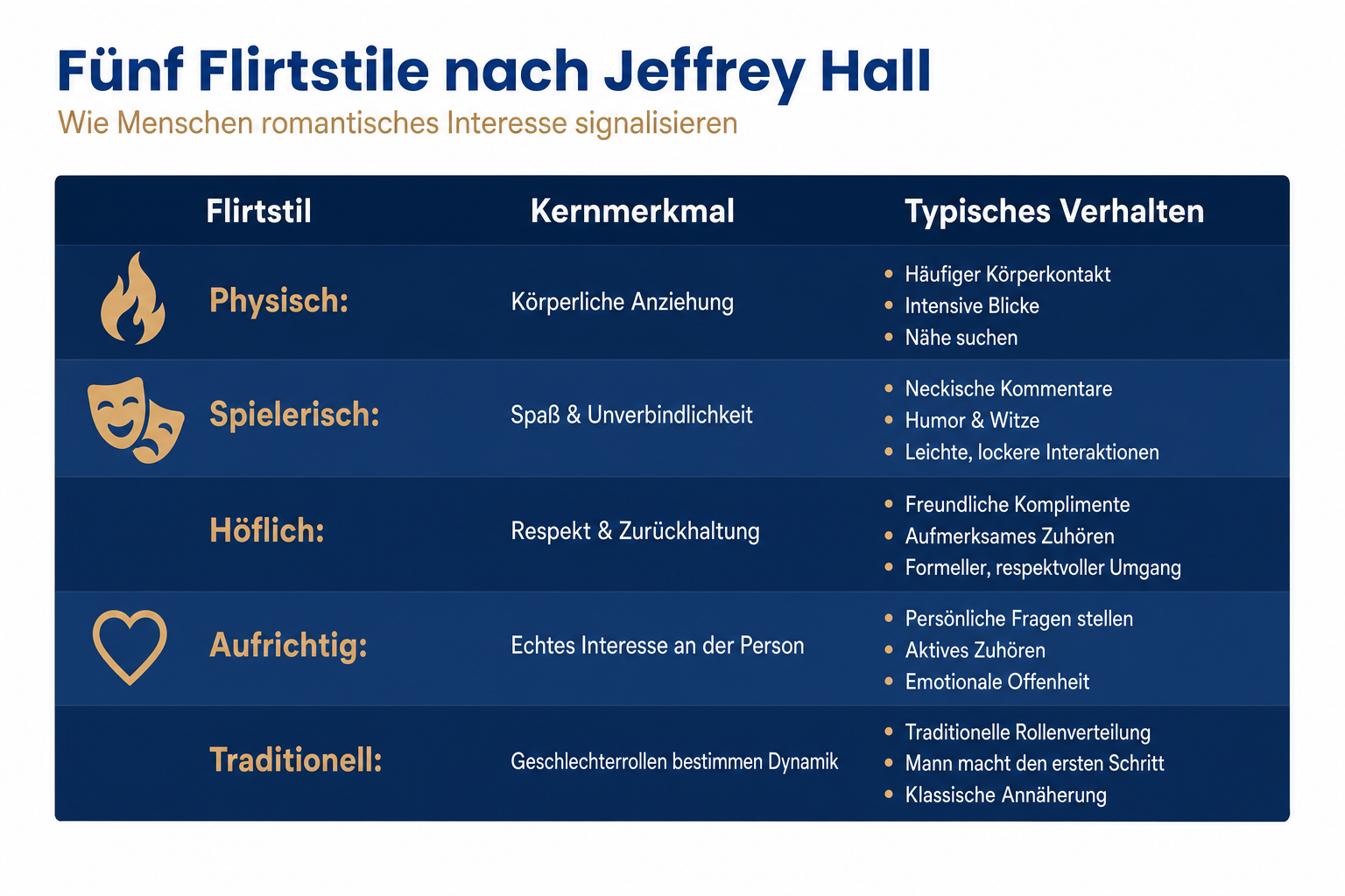 Infografik: Fünf Flirtstile nach Jeffrey Hall Flirtstil: Physisch | Kernmerkmal: Körperliche Anziehung steht im Zentrum | Typisches...